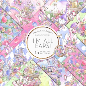 Simpatici documenti digitali pasquali, modelli senza cuciture arcobaleno colorato di NinaNinaCraft, graziosi gnomi primaverili, orecchie da coniglio, uova, cestino, argyle