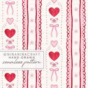 Motivo a cuori di San Valentino senza soluzione di continuità di NinaNinaCraft: fiocchi preppy rosa e rossi e strisce traforate (download digitale)