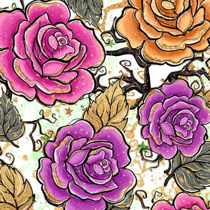 May include: A seamless pattern featuring pink, purple, and orange roses with gold glitter accents on a white background. The roses are drawn in a whimsical style with black vines and leaves.