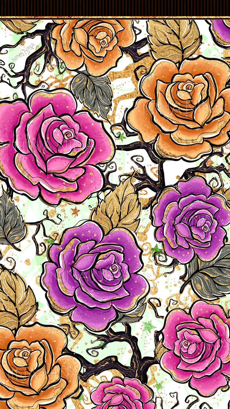 May include: A seamless pattern featuring pink, purple, and orange roses with gold glitter accents on a white background. The roses are drawn in a whimsical style with black vines and leaves.