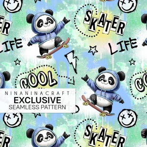Diseño exclusivo de tela con estampado sin costuras, diseño de panda patinador de NinaNinaCraft, licencia comercial exclusiva, descarga digital, 05