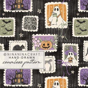 Padrão de Halloween em aquarela fofo e sem emendas por NinaNinaCraft, Fantasma desenhado à mão, Gato preto, Casa mal-assombrada, Arquivo de padrão repetido, Uso comercial