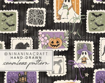 Cute Watercolor Halloween Seamless Pattern by NinaNinaCraft, Hand-drawn Ghost, Black Cat, Haunted House, Repeat Pattern File, Commercial Use