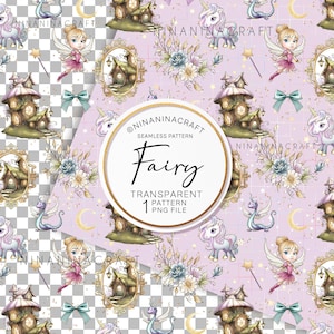 Puede incluir: Un patrón sin costuras que presenta una hada caprichosa, un unicornio y una pequeña cabaña con un marco dorado. El fondo es de color rosa suave con estrellas doradas y un diseño floral azul claro. El texto "Fairy" está escrito en una fuente decorativa con las palabras "Transparent Pattern 1 PNG File" debajo.