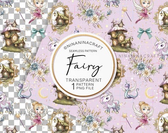 May include: A seamless pattern featuring a whimsical fairy, unicorn, and a small cottage with a golden frame. The background is a soft pink with gold stars and a light blue floral design. The text "Fairy" is written in a decorative font with the words "Transparent Pattern 1 PNG File" below it.