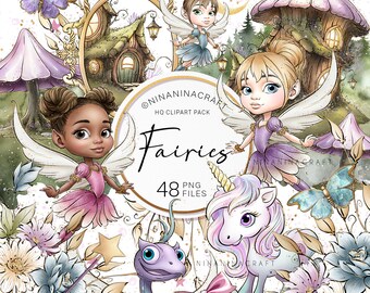 Hand drawn Fairy Clip Art Pack, Glitter Clipart by NinaNinaCraft, Sublimation Bundle, Unicorn, House, Flowers, Cute Birthday Party Designs
