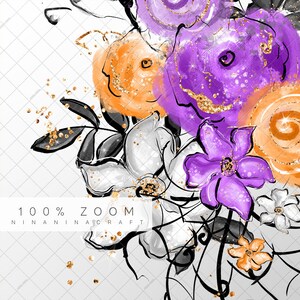 Halloween Flowers Clip Art Pack, Cute Planner Stickers, Skull, Bat Clipart, Web, Cobweb, Orange, Black, Purple PNG Pack image 5