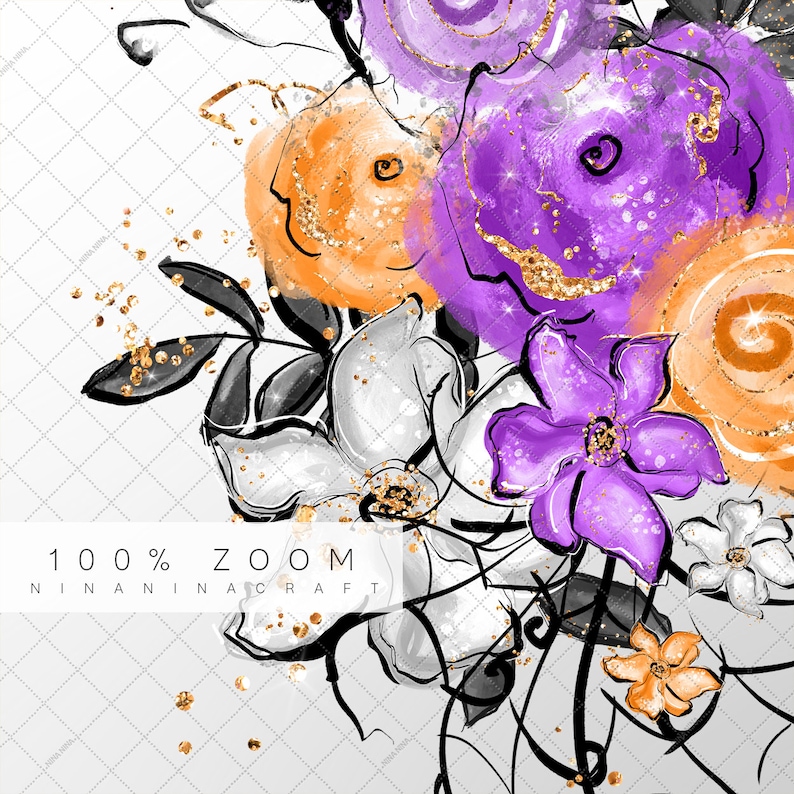 Halloween Flowers Clip Art Pack, Cute Planner Stickers, Skull, Bat Clipart, Web, Cobweb, Orange, Black, Purple PNG Pack image 5