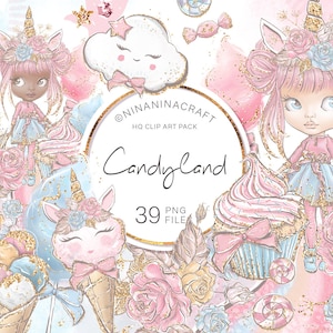 Clipart de terra de doces, clipart de garotas fofas, adesivos de planejador de doces, flores de arco-íris pastel, algodão doce, chocolate, bolo de unicórnio, pirulito