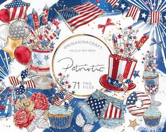 American Flag Clip Art, 4th Of July Planner Stickers, Cute Independence Day Clipart, Patriotic, Holiday, USA, Hat, Balloons, Stars Stripes