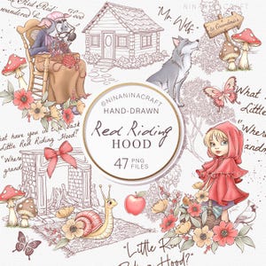 Rotkäppchen Clip Art, Clipart von NinaNinaCraft, Waldtiere, Wolf, Haus, Blumen, handgezeichnetes Sublimationspaket PNG