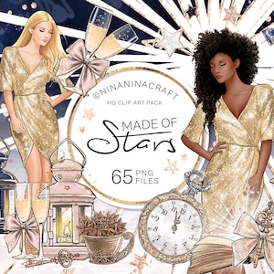 Stars Clipart, Fashion Illustration Planner Stickers, Lantern, Pocket Watch, Champagne, Gold Glitter Stars, Latino, African American Girls