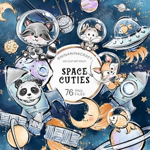Clip art di simpatici animali spaziali, pacchetto di clip art astronauta Cuties di NinaNinaCraft, volpe e procione acquerello, celeste, arredamento dell'asilo nido, pianeti