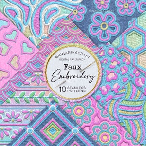 Rainbow Embroidery Seamless Pattern Pack, Digital Papers by NinaNinaCraft, Hearts, Flowers, Mermaid Print, Faux Embroidery Bundle, Denim