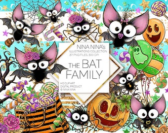 Söt Halloween Clipart-paket, läskig glitter-clipart, söt fladdermus, rosor, planner stickers, godis, spindel, pumpor, spindelnät, ballong, trädvirvel