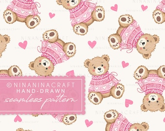 Valentines Teddy Bear Seamless Pattern by NinaNinaCraft: Chiffon, Pink Preppy Valentine's Day Love Hearts (Digital Download)