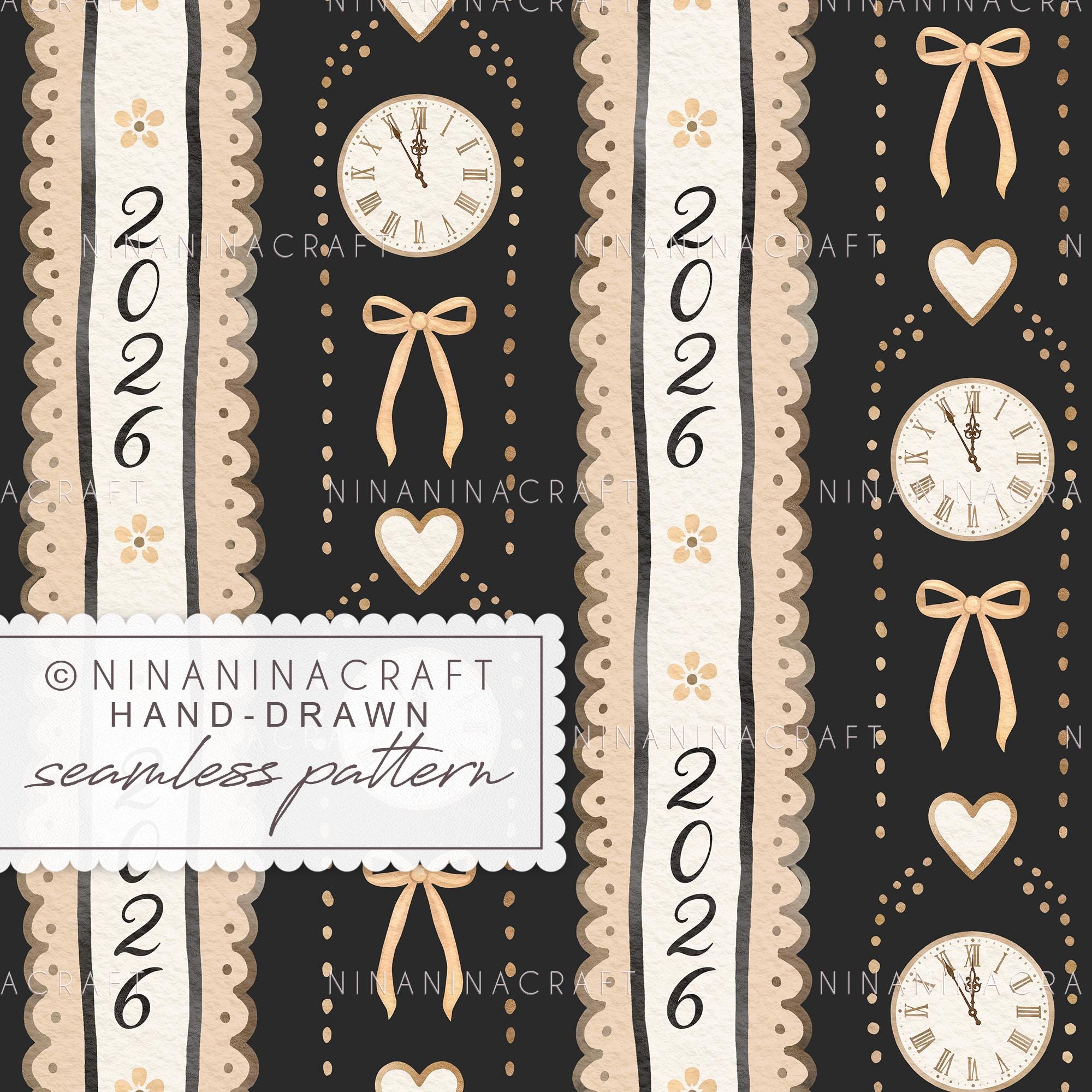 New Year 2026 Seamless Pattern by Ninaninacraft: Black and Gold