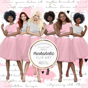 40 Fashion Girls, Pink Glamour Clip Art Pack de NinaNinaCraft, Pretty Natural Hair Clipart, Peinados, Elegante, Tul, Tacones, Rubia, Afro