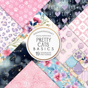Pack de motifs sans couture inspirés d’un chat mignon, papiers numériques dessinés à la main par NinaNinaCraft, conceptions de tissus coordonnées, sublimation de scrapbook