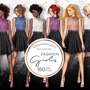 Pu&ograve; includere: Cinque illustrazioni digitali di donne che indossano top senza maniche di diversi colori e gonne nere. Le donne sono in piedi in fila e hanno acconciature diverse. Lo sfondo &egrave; un motivo astratto grigio e bianco. Il testo "Fashion Girls" &egrave; in un cerchio dorato con un contorno nero.