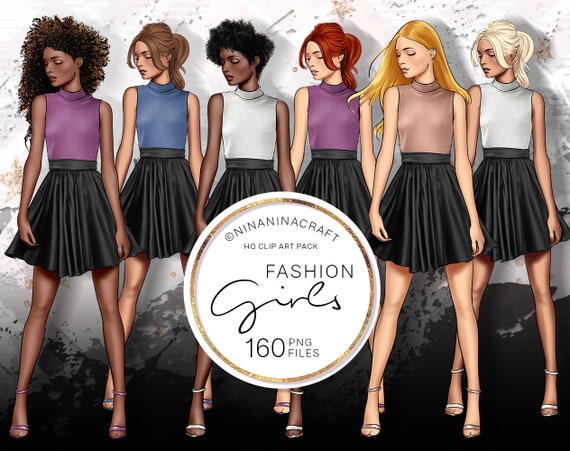 Fashion Girls Clipart, Planner Stickers, African American, Latino Woman Clip Art, City Girl, Street Fashion, Casual Look, Natural Beauty PNG