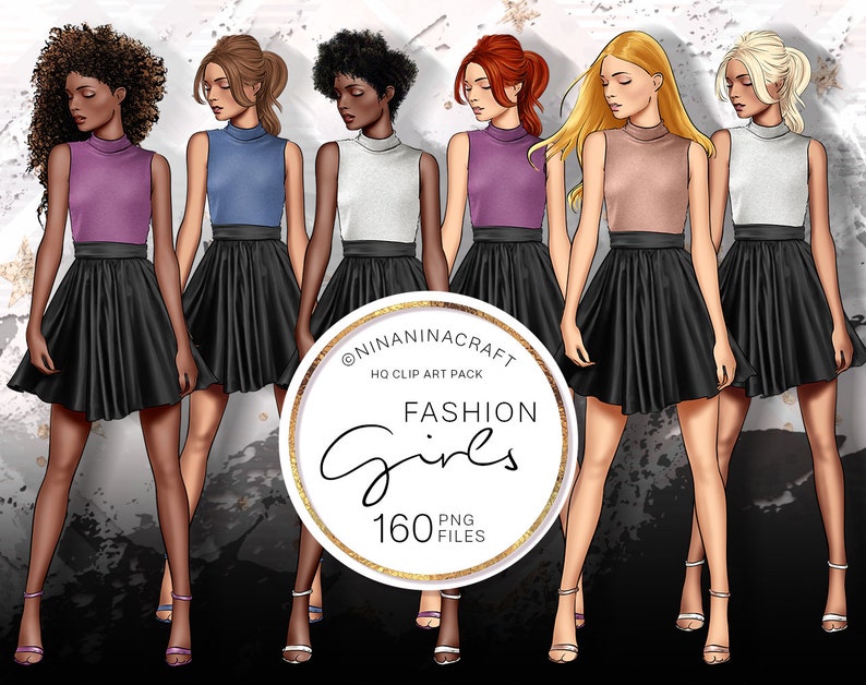 Pu&ograve; includere: Cinque illustrazioni digitali di donne che indossano top senza maniche di diversi colori e gonne nere. Le donne sono in piedi in fila e hanno acconciature diverse. Lo sfondo &egrave; un motivo astratto grigio e bianco. Il testo "Fashion Girls" &egrave; in un cerchio dorato con un contorno nero.