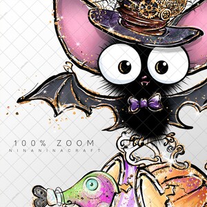 May include: A cute cartoon bat wearing a purple bow tie and a black and gold top hat with gears. The bat has large, white eyes and is holding a bottle of potion. The background is a white and gold glitter pattern.