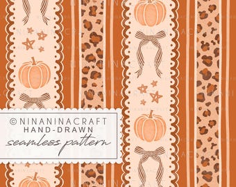 May include: A seamless pattern featuring pumpkins, bows, and stars in shades of orange and brown. The design includes vertical stripes, scalloped edges, and a leopard print pattern. The text "NINANINACRAFT HAND-DRAWN seamless pattern" is also visible.