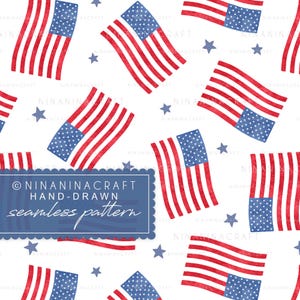 以下が含まれることがあります： 赤、白、青のアメリカ国旗の水彩イラストを特徴とするシームレスパターン。デザインには、はためく旗と白い背景に青い星が含まれています。「NINANINACRAFT HAND-DRAWN seamless pattern」というテキストも表示されています。