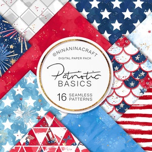 Podstawy amerykańskiej flagi Cyfrowe papiery, bezszwowe wzory na Dzień Niepodległości, wzór powierzchni USA, patriotyczny, paski gwiazd, brokat fajerwerków