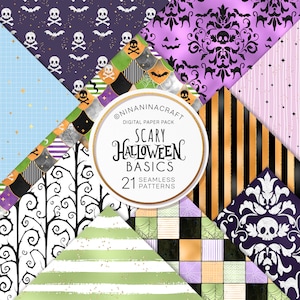 Mignon Halloween Seamless Pattern Pack, Spooky Digital Papers par NinaNinaCraft, Damask, Fabric Design, Tourbillons, Rayures, Crânes, Toile d’araignée