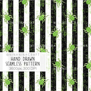 Schwarz weiße Streifen mit grünem Käfer Muster von NinaNinaCraft, Distressed Pattern, Halloween Stoffdesign
