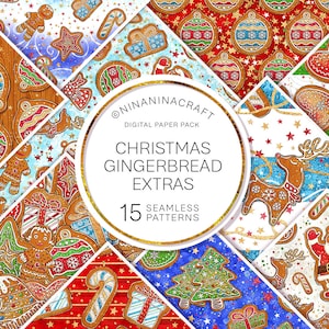 Cute Christmas Gingerbread Digital Paper Pack, Xmas Seamless Patterns, Santa Claus, Reindeer, Gingerbread man, House, Star, Candy Cane, Tree