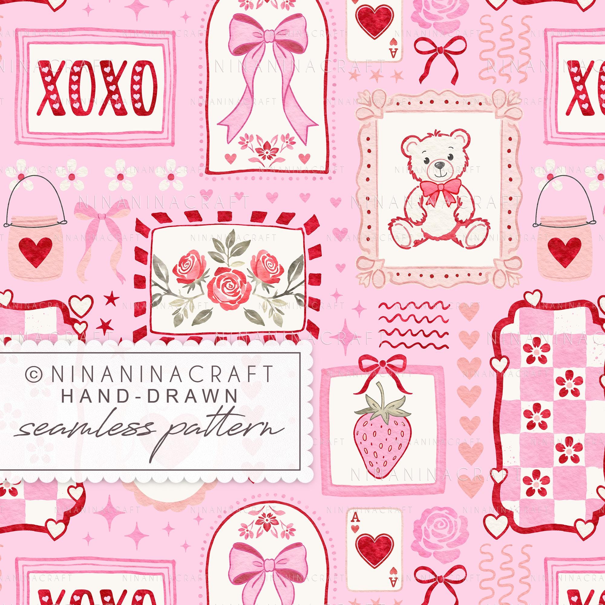 Love Frames Seamless Pattern by Ninaninacraft: Pink and Red Preppy ...