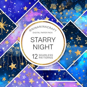 Pacote de papel digital de estrelas, padrão sem emenda de brilho dourado, sobreposição de céu noturno, galáxia aquarela, estrelado, brilhos, tecido espacial, álbum de recortes