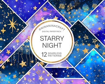 Stars Digital Paper Pack, Gold Glitter Seamless Pattern, Night Sky Overlay, Watercolor Galaxy, Starry, Sparkles, Space Fabric, Scrapbook