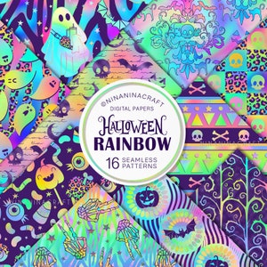 May include: A set of 16 digital papers featuring a rainbow holographic effect with Halloween themes. The designs include skulls, bats, pumpkins, ghosts, and skeletons. The text "Halloween Rainbow 16 Seamless Patterns" is in the centre of the image.