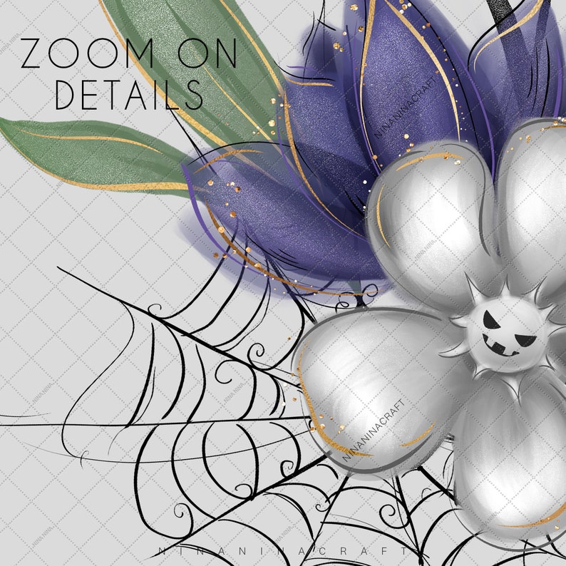 May include: A white flower with a black jack-o'-lantern face, surrounded by a purple and green floral arrangement and a black spider web. The text "ZOOM ON DETAILS" is in the upper left corner.