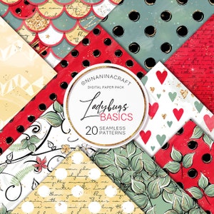 Simpatici documenti digitali con motivo coccinella, pois coccinella di NinaNinaCraft, fiori, cuori, documenti primaverili, design di tessuti estivi, foresta
