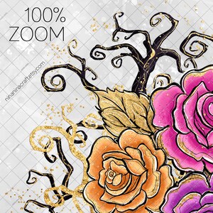 May include: A digital illustration of a bouquet of roses with gold glitter accents. The roses are pink, orange, and purple. The background is a white and gray watercolor wash with black branches.