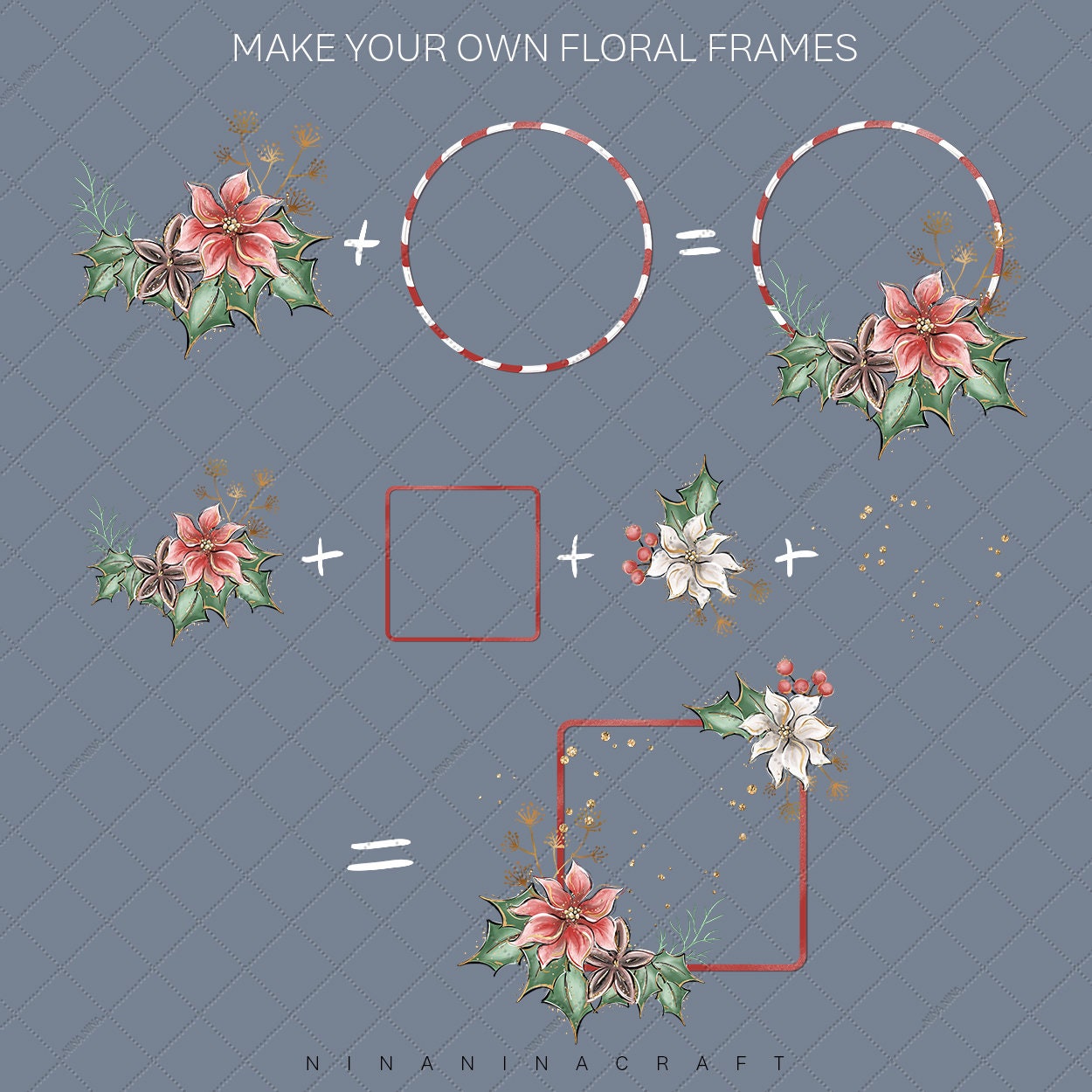 Christmas Flowers and Frames Clip Art Cute Poinsettia - Etsy