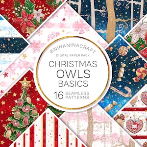 Joli paquet de papier numérique de base pour Noël, Motifs sans couture, Tissu de Noël, Papiers de scrapbooking, Fleurs, Bonbons, Arbres, Paillettes, Rayures, Forêt