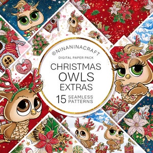 Papéis digitais fofos de corujas de Natal, padrões sem costura brilhantes, álbum de recortes, tecido de Natal, poinsétia, árvore, decorações, doces, flores, pássaros