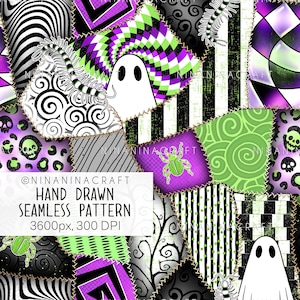 May include: A seamless pattern featuring a patchwork design with various Halloween-themed elements, including ghosts, spiders, and centipedes. The pattern is in shades of black, white, green, and purple.