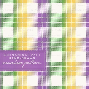 May include: A seamless pattern featuring a plaid design in green, yellow, and purple on a white background. The pattern includes diagonal lines and a repeating grid. The text "NINANINACRAFT HAND-DRAWN seamless pattern" is visible.