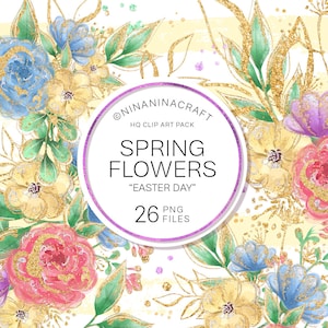 Lente bloemen illustraties, Pasen bloemen aquarel clipart, gouden glitter planner stickers, lente bruiloft, bladeren, ontwerpelementen