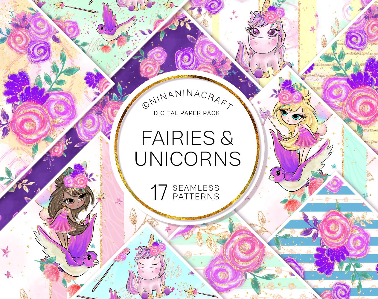 Fairy Digital Papers Pack, Glitter Unicorn Seamless Patterns for Fabric Printing, Glitter Patterns, Planner Stickers, Magic, Colorful Design