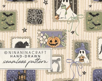 Watercolor Halloween Seamless Pattern by NinaNinaCraft, Hand-drawn Ghost, Black Cat, Haunted House, Beige Repeat Pattern, Commercial Use