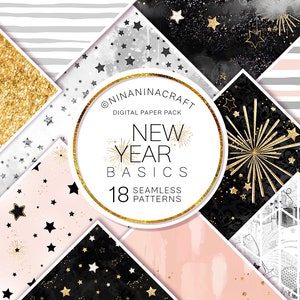 Papéis digitais simples de ano novo, fogos de artifício e padrões sem emenda de brilho por NinaNinaCraft, fundos dourados, rosa, pretos, estrelas e brilhos