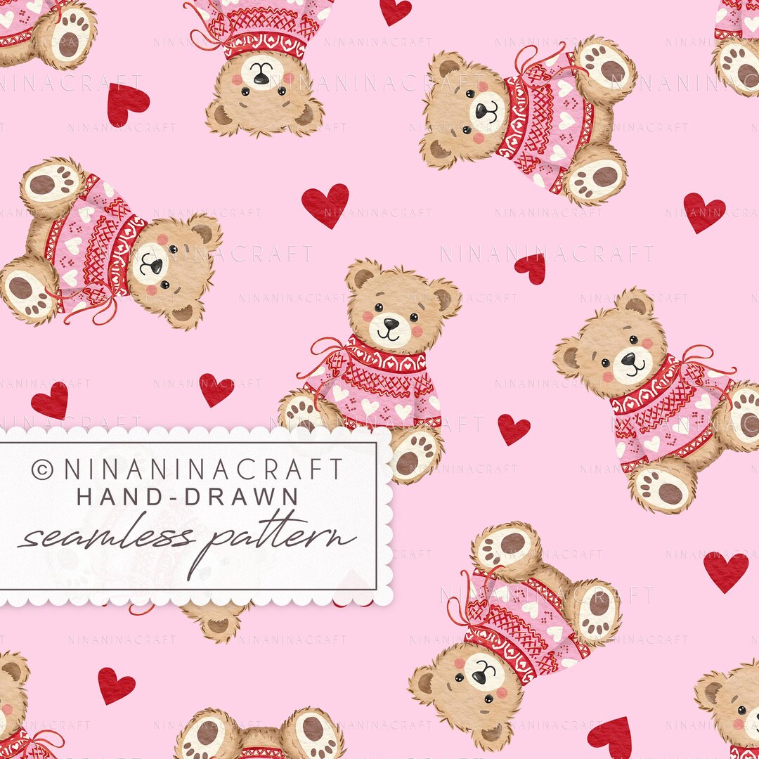 Valentines Teddy Bear Seamless Pattern by Ninaninacraft: Pink and Red ...